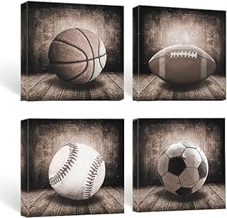 Rustic Sports Baseball Basketball Football Soccer Canvas Wall Art Picture Artwork Framed for Home Office Kids Boys Room Decor-12x12 x4pcs image