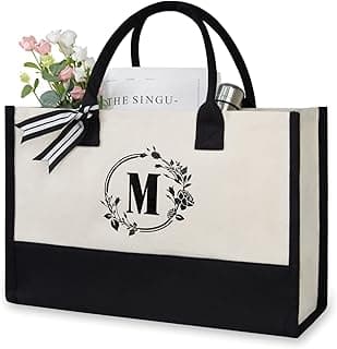 TOPDesign Personalized Initial Jute/Canvas Beach Bag, Monogrammed Gift Tote Bag for Women image