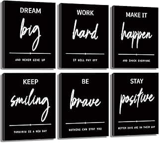 Howwii Office Wall Art, Inspirational Wall Decor for Bedroom, Motivational Positive Quotes Wall Decor for Office, 8"x10" Canvas Wall Art Set of 6, Black and White Prints (Black and White)