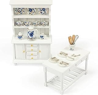SAMCAMI Wooden Dollhouse Furniture Set - Miniature Dollhouse Furniture 1 12 Scale for Dollhouse Kitchen - Doll House Furniture Toys Incl Kitchen Island, Cabinet, Tea Cup Set and Other Accessories