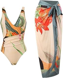 Women's One Piece Swimsuit with Beach Cover up Wrap Skirt Sarong Retro Floral Print Bikini Set Two Piece Bathing Suit