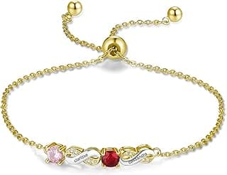 CTIEIP 10K 14K 18K Gold Natural Diamond Personalized Name Bracelet for Women with Birthstone Custom Bracelet Engraved 1-5 Names Jewelry Gift for Her Mom(G-H Color, I2-I3 Clarity) image