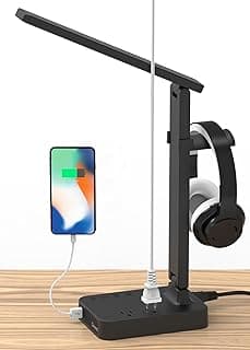 Drevet LED Desk Lamp with Headphone Stand, Desk Light with 1 USB Charging Port and 2 AC Power Outlet, 3 Lighting Modes, 3 Level Brightness,1H Timer, Memory Function, Eye-Caring Gaming Desk Lamp image