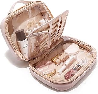 EACHY Travel Makeup Bag,Large Capacity Cosmetic Bags for Women,Waterproof Portable Pouch Open Flat Toiletry Bag Make up Organizer with Divider and Handle image