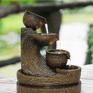 9.5”H Tabletop Water Fountain, 4-Tier Pot Waterfall Indoor w/Light and Pump, Zen Meditation Desktop Fountain, Sooth and Relaxing Water Sound, Flowing Water Ornament for Home and Office Decoration image