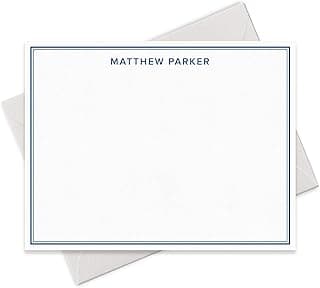 Personalized Note Cards Stationery for Men with Name and Border - Custom Stationary Set with Envelopes - Flat A2 Custom Notecards, Choose your Colors and Set Size (Double Border) image