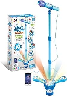 Kids Karaoke Machine with Adjustable Stand,Kids Microphone Music Sing Along with Flashing Stage Light and Pedals Gift for Kids (Blue) image