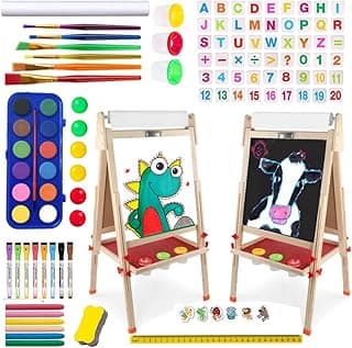 Art Easel for Kids Including 100+ Accessories - Double Sided Adjustable Wooden Painting Easel with 1 Drawing Paper Roll Wooden Magnetic Chalkboard&White Board Easel for Ages 3,4,5,6,7,8 image