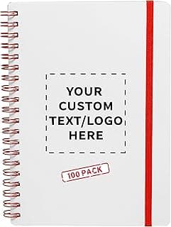 100 White Spiral Notebooks with Elastic Band Pack - Customizable Text, Logo - 80 lined pages, Recycled - Red