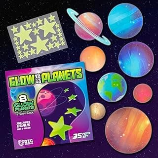 OIG Brands Glow in The Dark Stars and Planets 35-Piece Luminous Glow in Dark Solar System Planets for Ceiling Decor with Sun and Moon - Includes Reusable Putty image