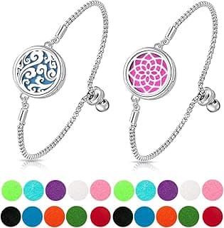 2 Pcs Essential Oil Diffuser Bracelet, Stainless Steel Aromatherapy Diffuser Locket Adjustable Bracelet with 20 Colorful Unscented Refill Pads, Gift Set for Women Girls image