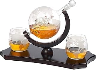 Globe Whiskey Decanter Set - + 2 Whisky Glasses on Rich Wood Classic Mahogany Base Tray - Gift Packaging - Antique Ship Whiskey Dispenser for Liquor Scotch Bourbon - Christmas Holiday Gift image
