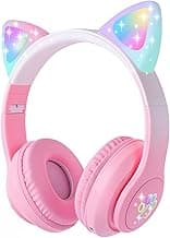 Cat Ear Kids Bluetooth Headphones for Girls Children Teens, LED Light Up Wireless/Wired Mode Foldable Stereo Girls Headphones with Built-in Mic for School Birthday Xmas Gift (Pink) image