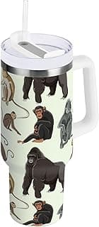 Monkey Pattern Insulated Stainless Steel Water Bottle with Handle and Straw Lid Double Walled Travel Mug 30 oz image