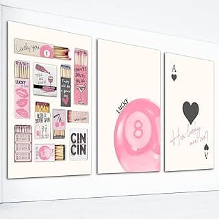 Vintage Matchbox Poster for room Aesthetic, Trendy How Lucky Are We Canvas Wall Art, Set of 3 16x24in, Retro Pink Lucky You Matchbook Prins Painting, Pool Ball Funky Wall Decor Unframed image