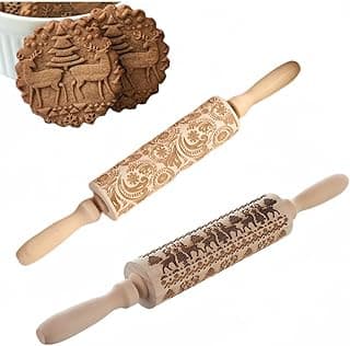 2 Pcs Embossed rolling pin for Baking, Deep Engraved Embossing Rolling Pin Wooden Cookie Stamps Roller, Kitchen Decor Tools for Baking Embossed Cookies for Kids Adults image