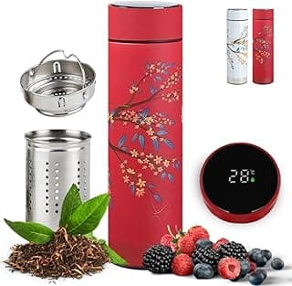 Tea Infuser for Loose Leaf Tea Smart Water Bottle with Temperature Display, Stainless Steel, Insulated Coffee and Fruit Tea Infuser Bottle - Cute Red Floral Thermos 17 oz image