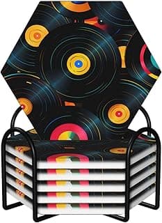 Music Record Coasters for Drink Set of 6 Vinyl CD Ceramic Coasters with Holder Absorbent Hexagon Coasters for Desk Coffee Table image