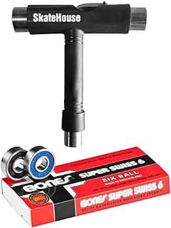 Bones Super Swiss 6 Skateboard, Longboard, and Roller Skate Bearings (8 Pack) Bundled with a Free SkateHouse Skateboard T-Handle Tool