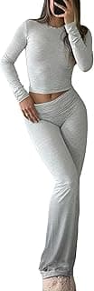 Women's 2 Piece Casual Pajama Set-Slim Fit Long Sleeve Top Low Rise Bell Bottoms-Versatile Yoga Loungewear image