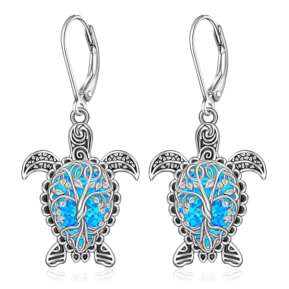 Turtle Earrings Blue Opal Tree of Life Sea Turtle Earrings for Women Sterling Silver Leverback Drop Dangle Hawaiian Ocean Jewelry