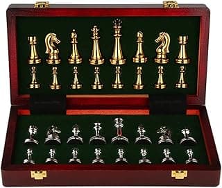 Chess Set, Large Metal Deluxe Chess Adult Board Game with Alloy Chess Pieces Portable Wooden Box Storage Folding Chess Set image