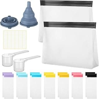 21 Pcs Protein Powder Travel Container Set Single Dose Reusable Powder Supplement Packets Portable Travel Powder Organizer Zip up Bags with Funnels, Spoons and Sheet Labels image