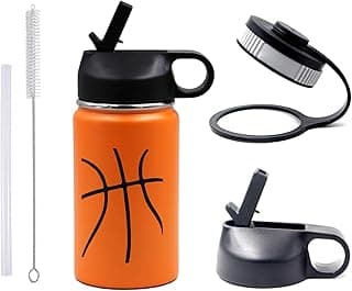 12 oz Basketball Water Bottle, Sports Canteen Metal Travel Tumbler with 2 Lids 18/8 Stainless Steel Double Wall Vacuum Insulated Water Bottles (12oz, Basketball) image