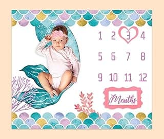 Mermaid Baby Monthly Milestone Blanket, Teal Mermaid Tail Personalized Growth Chart Blanket Baby Pictures, 48"x40" Photography Backdrop 1 to 12 Months Include 4 Frames, 1 Headband BTXTPH598