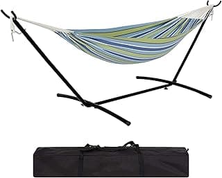 Hammock with Stand – Heavys Duty 500 LBS Capacity, Portable Hammock Set for Outdoors, Indoors, Patio, Garden, and Camping – Includes Carrying Bag and Adjustable Steel Frame(Blue Green Stripes)