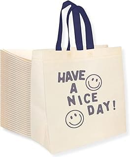 Bagways 50 PACK Reusable Grocery Bags with Handles, Durable, Foldable, Washable Eco-Friendly Shopping Tote Bags Bulk, 14x6.5x14 Inch, Cream/Blue Design