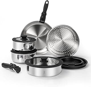 ROYDX 3-Ply Pots and Pans Set,18/10 Stainless Steel Cookware Set with Detachable Handles,PFOA Free, Frying Pan,Saucepans with Lid for All Stoves, Dishwasher and Oven Safe, Camping image