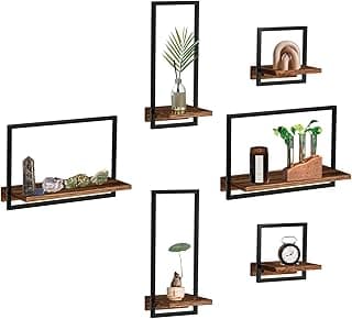 takor 6 Sets Rustic Floating Shelves,Wooden Storage Shelf with Metal Frame, Wall-Mounted Wood Display, Wall Hanging Decor, Home Decor for Living Room, Bedroom, Kitchen, Office image