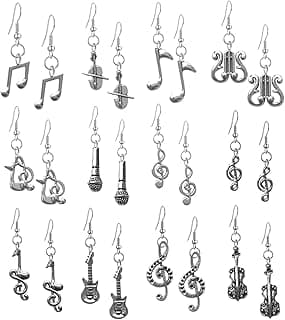 12 Pairs Lightweight Handmade Vintage Silver Music Note Dangle Drop Earrings Sets Musical Instrument Guitar Violin Earrings for Women Music Lover image