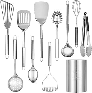 Stainless Steel Cooking Utensils Set - 11pcs Kitchen Utensils Set with Holder for Cooking, Stainless Steel Utensils Set with Potato Masher, Skimmer, Spoons, Turners, Whisk, Tongs image