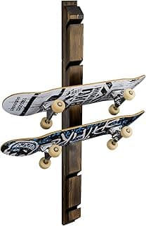 MyGift Modern Wall Mounted Rustic Burnt Solid Wood Skateboard Display Rack, Hanging Longboard Storage Organizer with Diagonal Cutout Slots, Holds 6 Boards