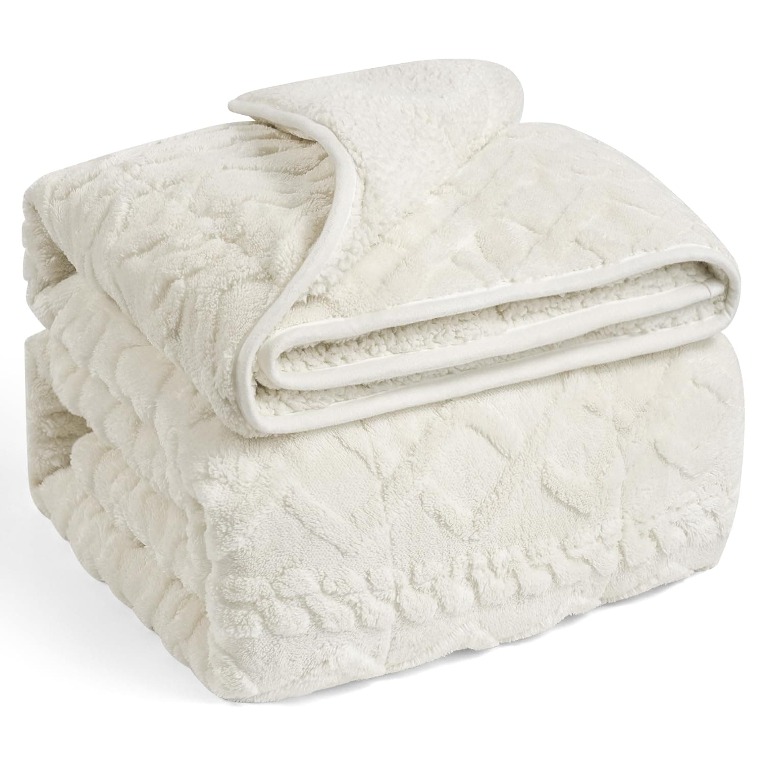 Wemore Weighted Blanket for Adults Twin Size 15 lbs, Dual Sided Soft Fuzzy Jacquard Sherpa Weighted Blankets for Sleeping, Cozy Fluffy Knitted Heavy Blanket for Couch Bed, Cream White, 60 x 80 inches