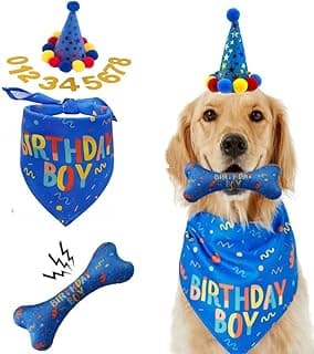 Dog Birthday Boy Bandana Hat Toy Set Dog Birthday Scarf Accessories with Cute Bone and Dog Birthday Hat with Number (Blue2) image