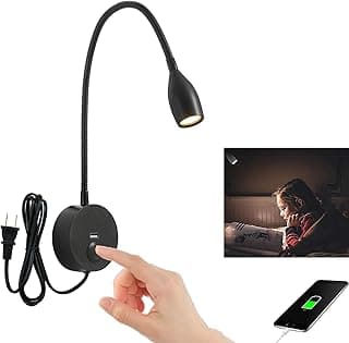Reading Light Wall Mounted Reading Light headboard Touch Switch Dimmable Reading Lamp Task Directional LED Gooseneck Light AC (120V) Powered 3W (Matte Black, Warm White) image