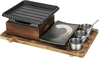 Japanese BBQ Grill Set, Portable Alcohol Barbecue Stove with Non-Stick Baking Pan, Dinner Plate, Seasoning Cups, and Wooden Base for Yakiniku, Yakitori,C