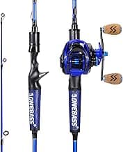 One Bass Fishing Rod and Reel Combo, IM7 Graphite 2 Pc Blank Baitcasting Combo, Spinning Rod with SuperPolymer Handle- 6' Casting Combo with Right Handed Reel- Blue image