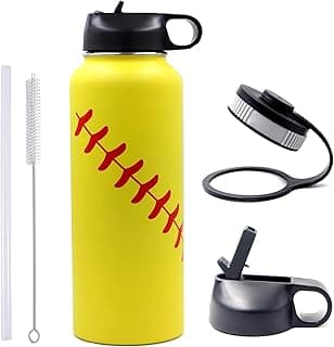 40 oz Baseball Softball Water Bottle, Sports Flask Metal Travel Tumbler with 2 Lids 18/8 Stainless Steel Double Wall Vacuum Insulated Hot/Cold (40oz, Yellow Softball) image