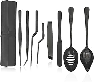 Professional Chef Tools, Plating Tools Culinary Set,10 Piece Culinary Tool Set,Premium Stainless Steel Chef's Plating Tool Set,3 kitchen tweezers Fish tongs Spatula Slotted spoon (Black) image