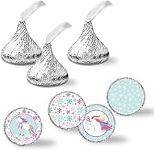 Magical Winter Unicorn Ice Skating Party Kiss Sticker Labels, 300 Party Circle Sticker sized 0.75” for Chocolate Drop Kisses by AmandaCreation, Great for Party Favors, Envelope Seals & Goodie Bags image