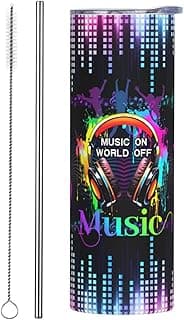 Music Note Skinny Tumblers With Lids And Straws, Music Travel Coffee Mug Vacuum Insulated Music Teacher Gifts Colorful Pulsating Music Headphones Travel Tumbler Cups 20 Oz For Men Women Students image