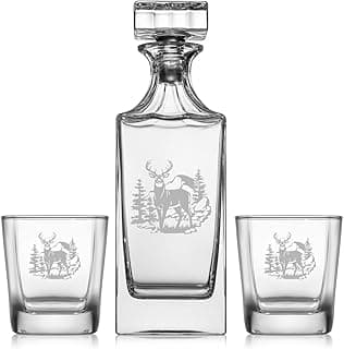 Whiskey Decanter Gift Set With 2 Whiskey Old Fashioned Rocks Glasses Hunting Deer Trees Mountains image