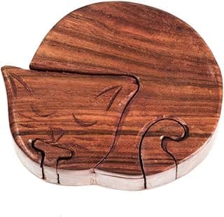 Matr Boomie, Hand Carved Solid Wood Sleepy Cat Puzzle Box/Jewelry Box/Brain Teaser with Secret Compartment