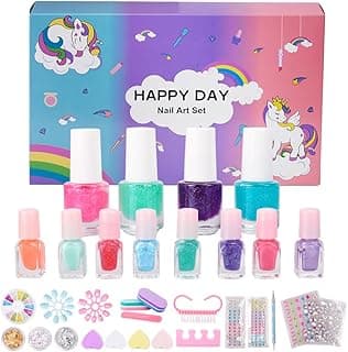 Nail Art Kit with Non-Toxic Nail Polish for Girls, 34Pcs Kids Nail Design Tool Set with Peel-off Nail Polishes, Dotting Pen, False Nail, DIY Sticker, Nail Decoration Gift for Girls Age 6-15 image