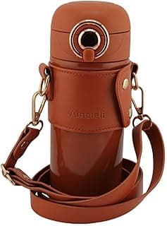 Glamour & Elegant Water Bottle 16oz 480ml with Leather Sleeve & Strap, Stainless Steel 316, Double Insulated for Adults & Kids BPA-Free Water Bottle for Sports, School, Outdoor, Travel (Brown) image