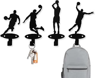 4 Piece Set Basketball Players Slam Dunk Silhouette Shape Coat Hooks Wall Mounted Metal Wall Hanger Hooks for Teen Boys Bedroom Basketball Room Decor Medal Hanger Display